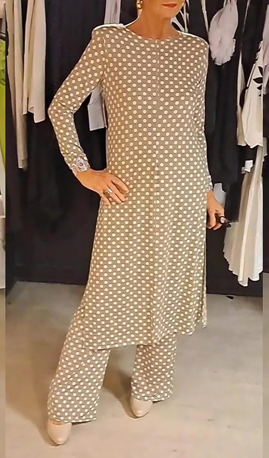 Womens Polka Dot Pant Suit 2 Piece Outfits Fall Long Tunic Tops and Wide Leg Pants Sets Matching Sets Women Clothing