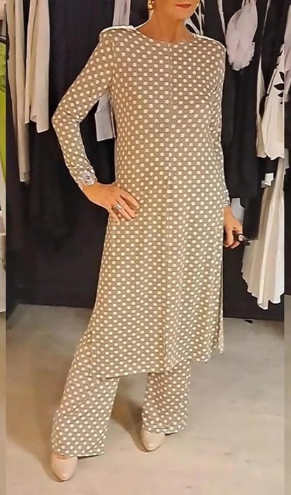 Womens Polka Dot Pant Suit 2 Piece Outfits Fall Long Tunic Tops and Wide Leg Pants Sets Matching Sets Women Clothing