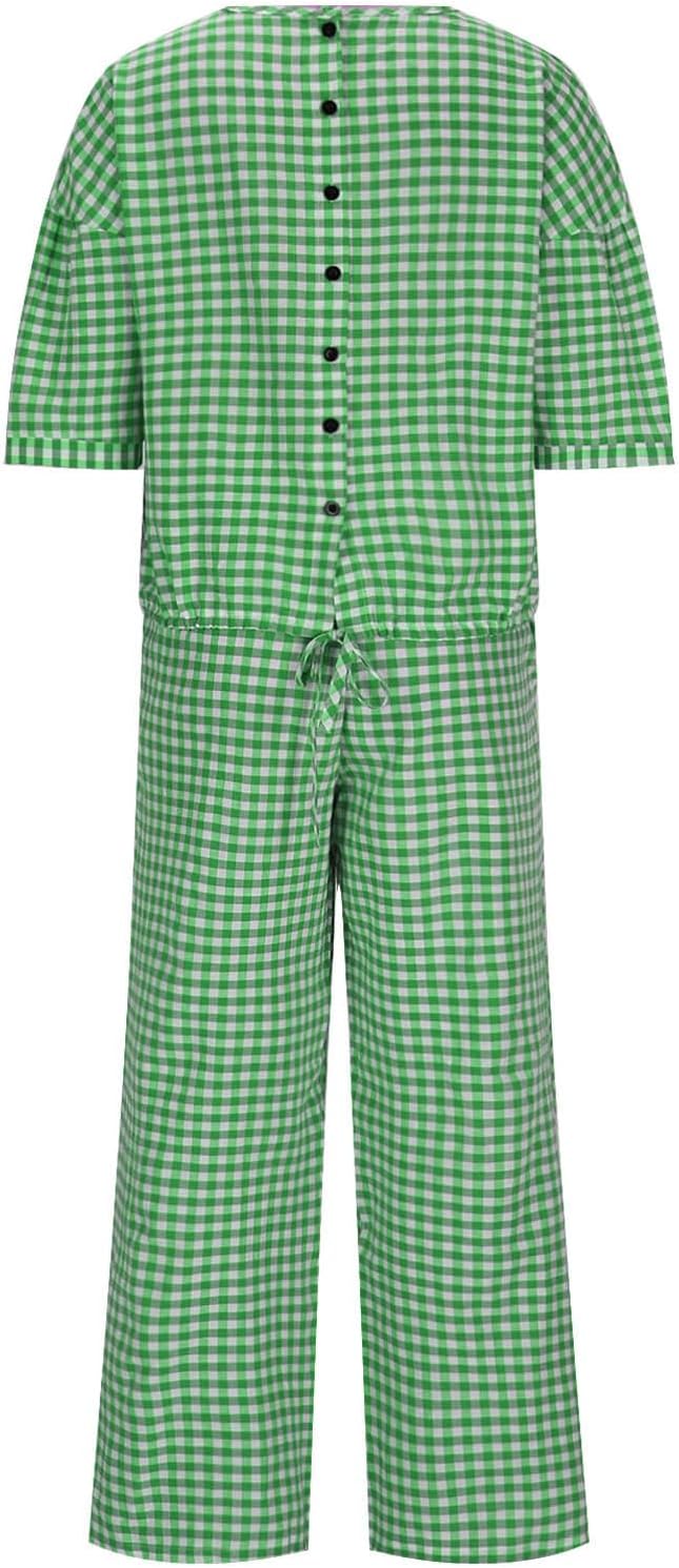 Womens 2 Piece Outfits Crew Neck Half Sleeve Button Back Shirt Tops High Waist Wide Leg Pants Lounge Linen Plaid Sets