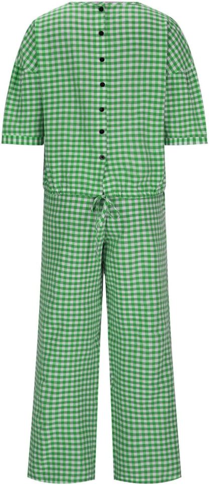 Womens 2 Piece Outfits Crew Neck Half Sleeve Button Back Shirt Tops High Waist Wide Leg Pants Lounge Linen Plaid Sets