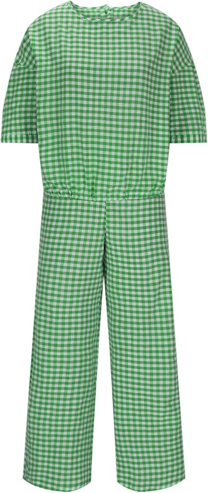 Womens 2 Piece Outfits Crew Neck Half Sleeve Button Back Shirt Tops High Waist Wide Leg Pants Lounge Linen Plaid Sets