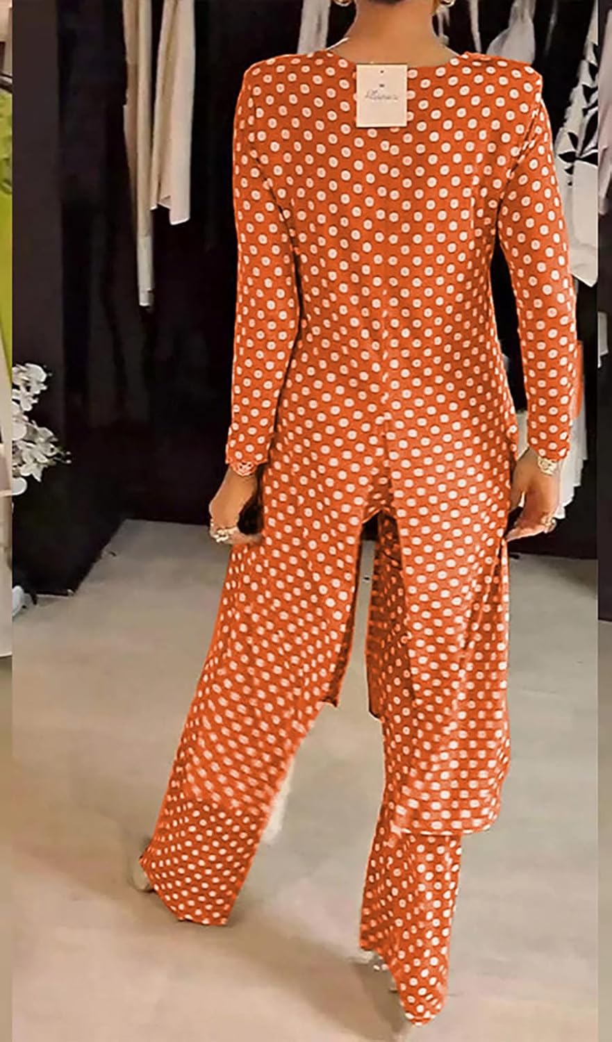 Womens Polka Dot Pant Suit 2 Piece Outfits Fall Long Tunic Tops and Wide Leg Pants Sets Matching Sets Women Clothing