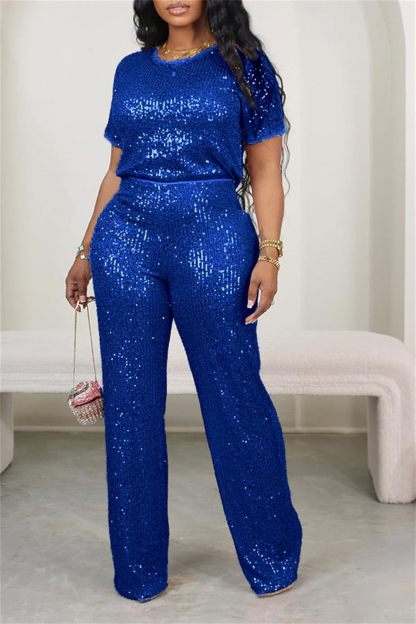 Women's Sparkling Sequin T-shirt and Pants Set Round Neck Short Sleeve Top Straight Leg Loose Pants Party Outfit