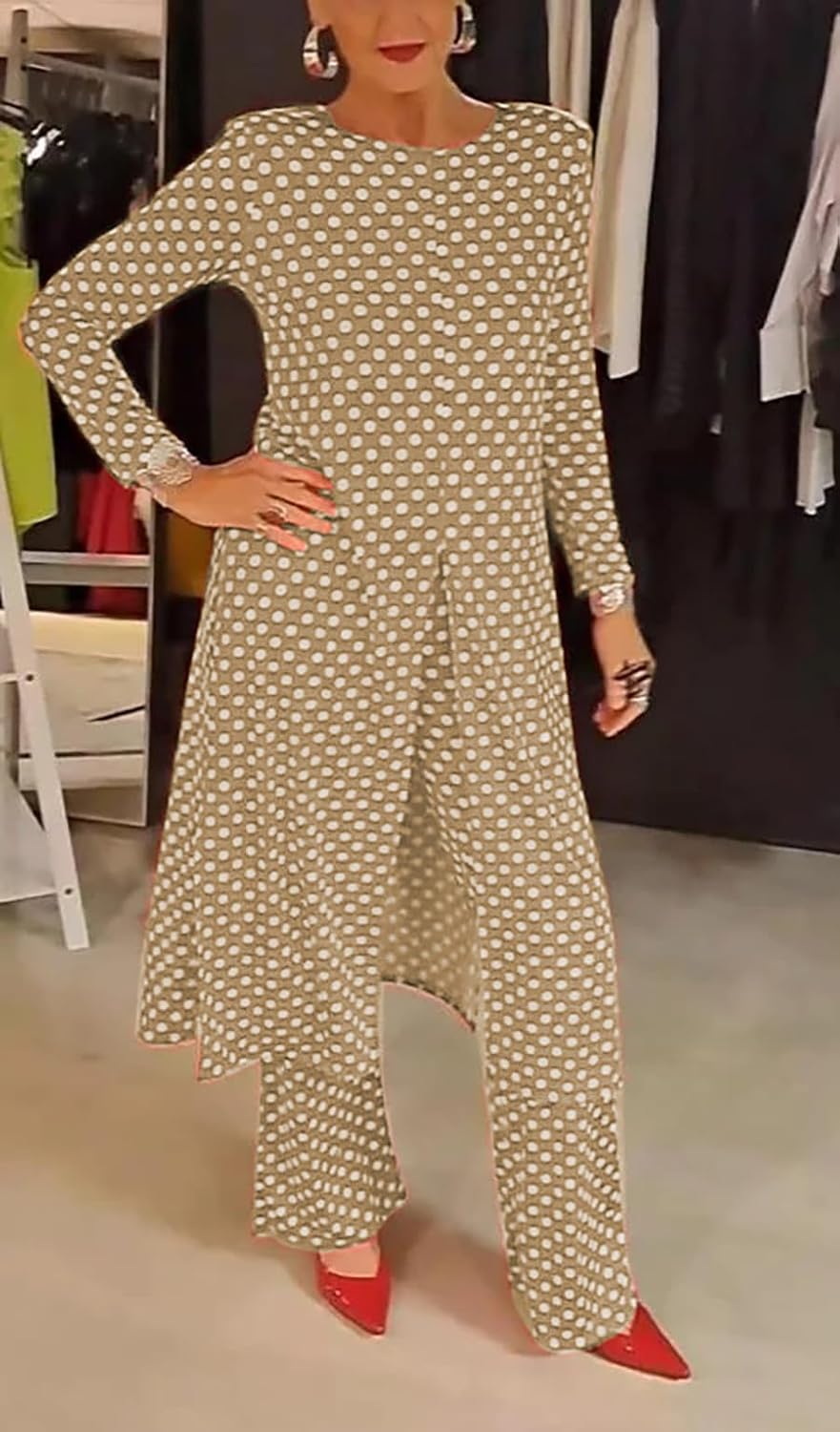 Womens Polka Dot Pant Suit 2 Piece Outfits Fall Long Tunic Tops and Wide Leg Pants Sets Matching Sets Women Clothing