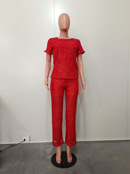 Women's Sparkling Sequin T-shirt and Pants Set Round Neck Short Sleeve Top Straight Leg Loose Pants Party Outfit