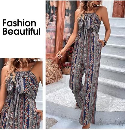 Women 2025 Summer Vintage Jumpsuit Patchwork Hippie Overalls Harem Wide Leg Pants One Piece Romper with Pocket