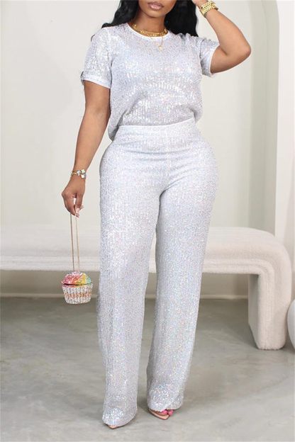 Women's Sparkling Sequin T-shirt and Pants Set Round Neck Short Sleeve Top Straight Leg Loose Pants Party Outfit