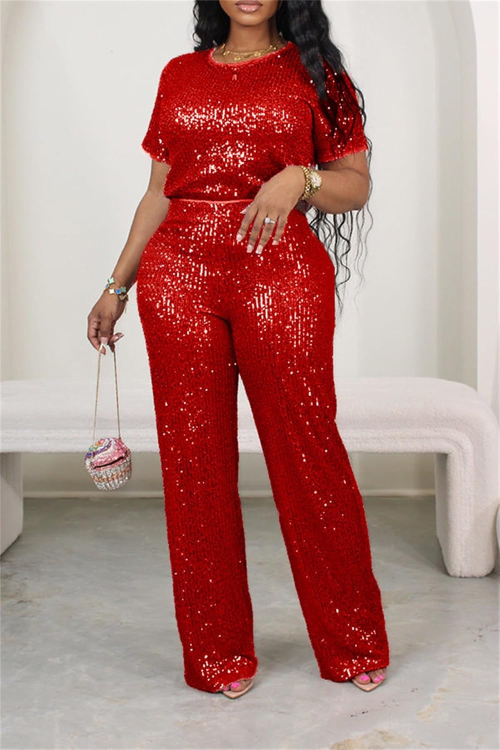 Women's Sparkling Sequin T-shirt and Pants Set Round Neck Short Sleeve Top Straight Leg Loose Pants Party Outfit