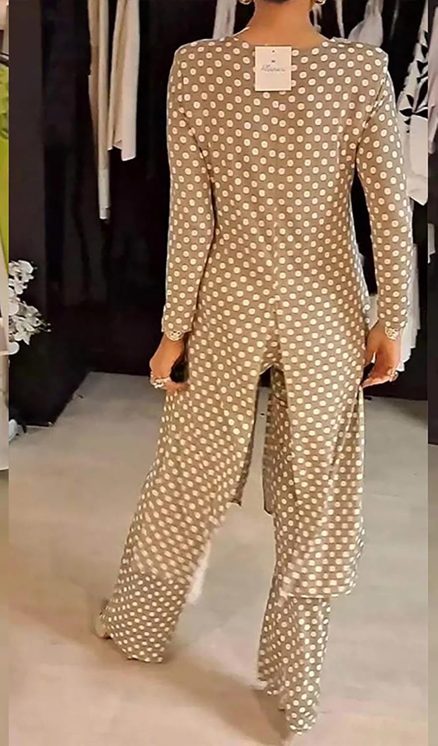Womens Polka Dot Pant Suit 2 Piece Outfits Fall Long Tunic Tops and Wide Leg Pants Sets Matching Sets Women Clothing