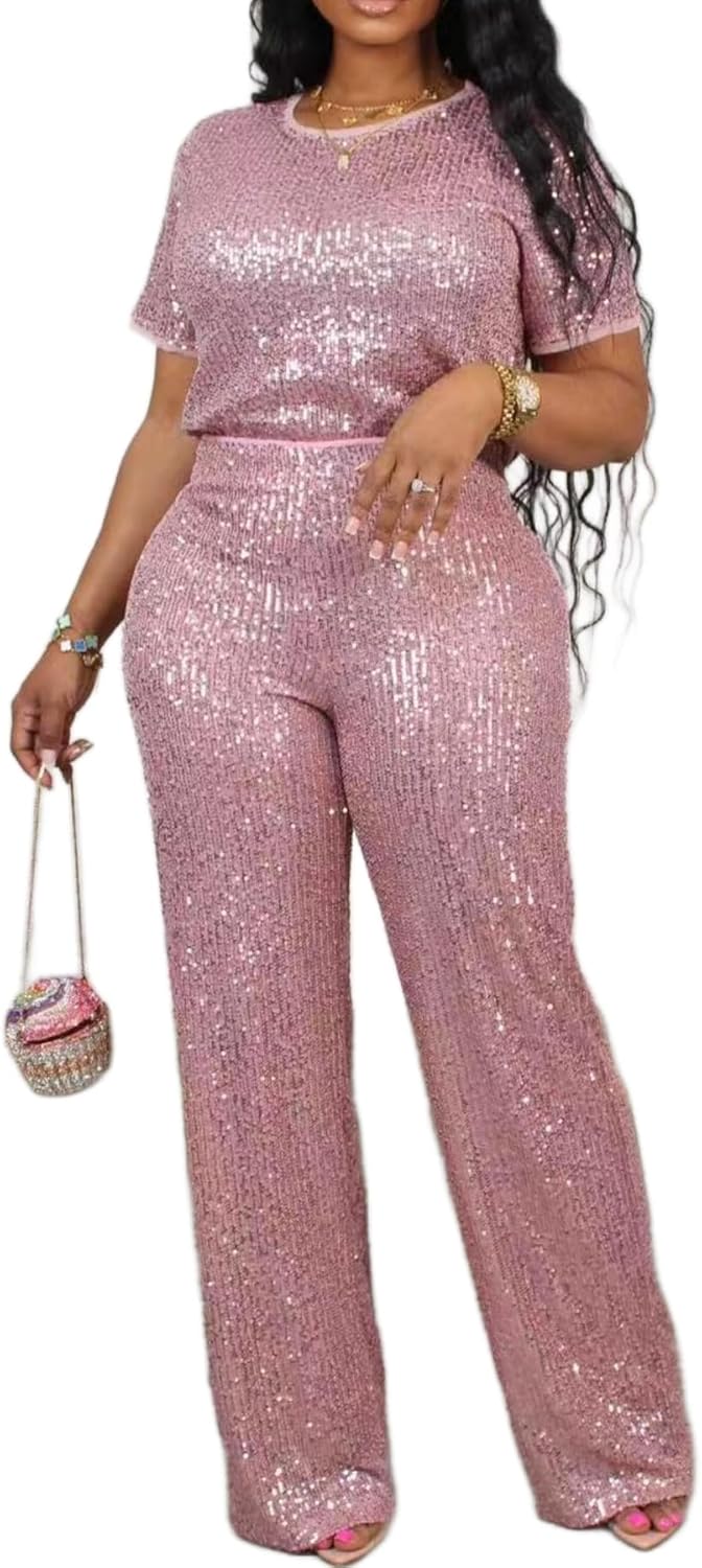 Women's Sparkling Sequin T-shirt and Pants Set Round Neck Short Sleeve Top Straight Leg Loose Pants Party Outfit