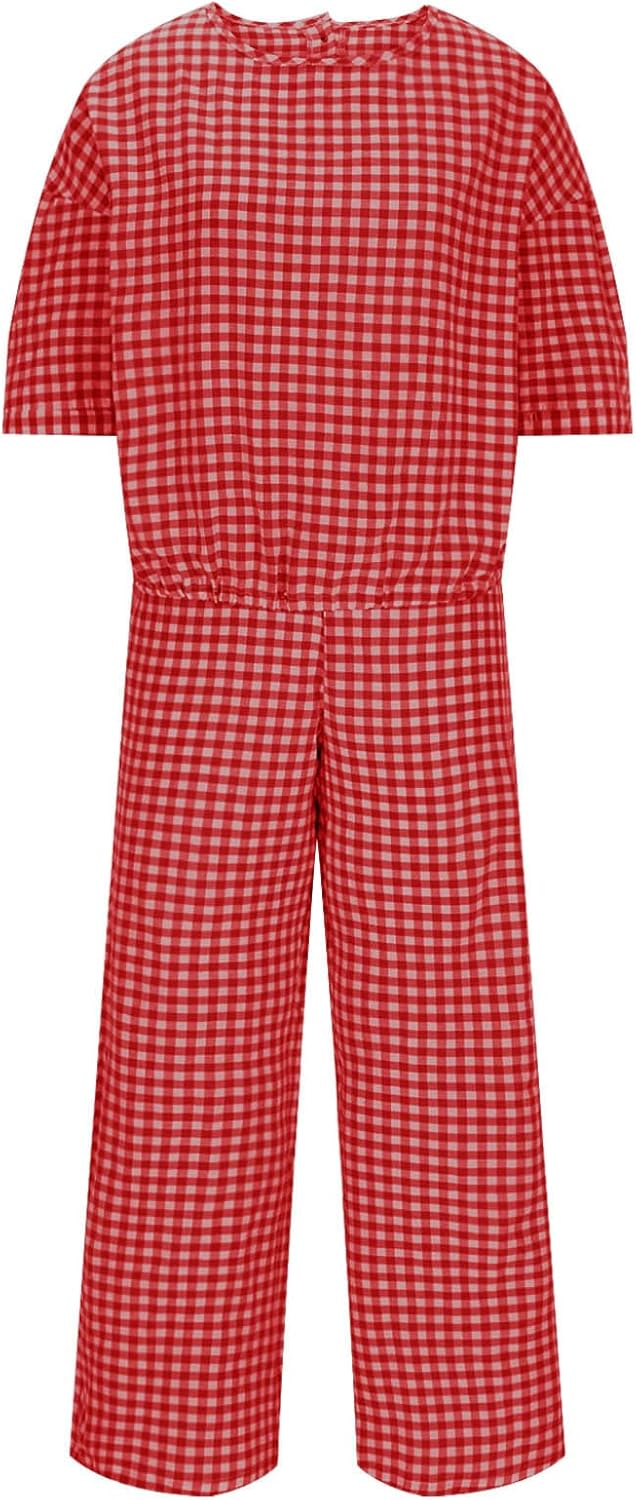 Womens 2 Piece Outfits Crew Neck Half Sleeve Button Back Shirt Tops High Waist Wide Leg Pants Lounge Linen Plaid Sets