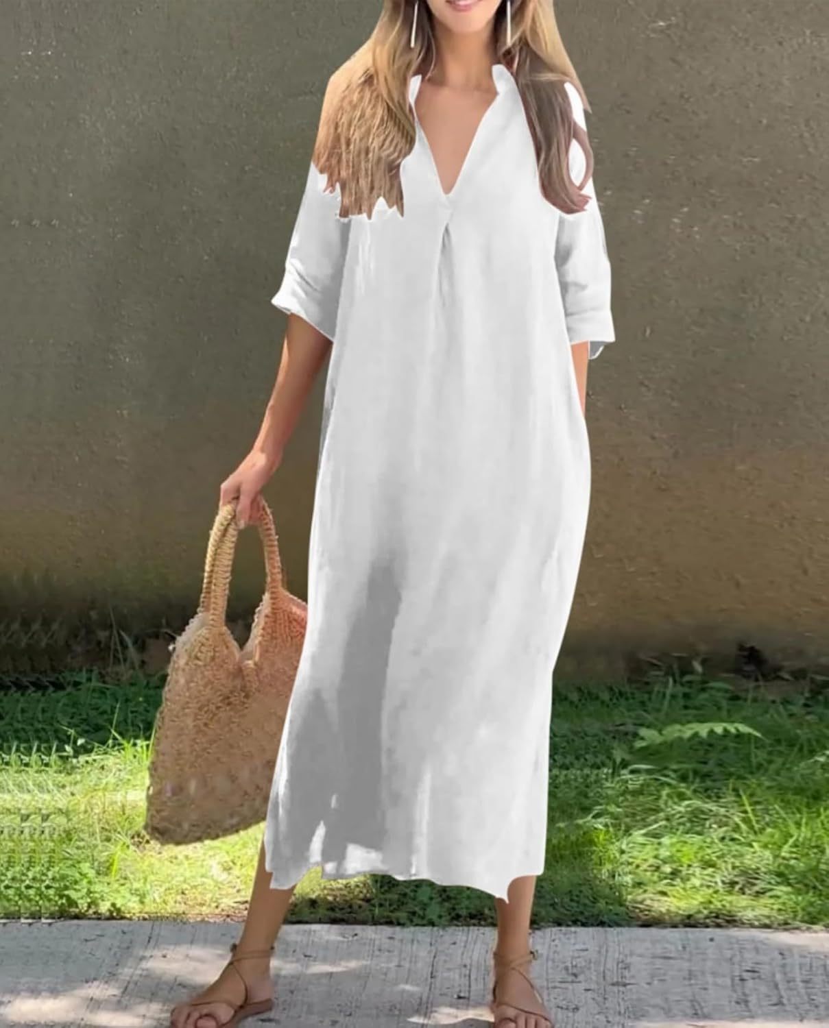 Womens Summer Floral V Neck Maxi Dress 3/4 Sleeve Casual Loose Flowy Long Dress with Pockets