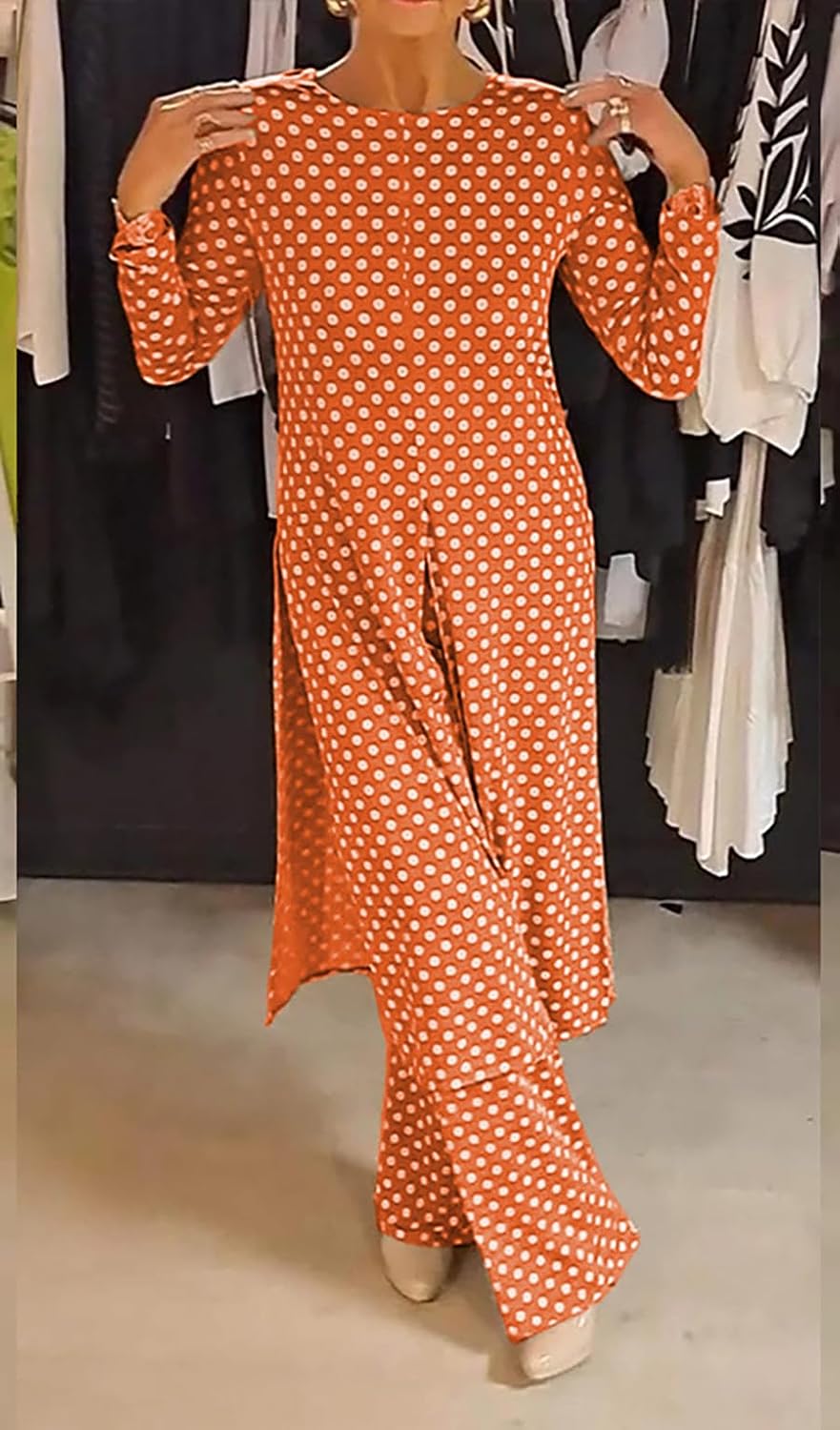 Womens Polka Dot Pant Suit 2 Piece Outfits Fall Long Tunic Tops and Wide Leg Pants Sets Matching Sets Women Clothing