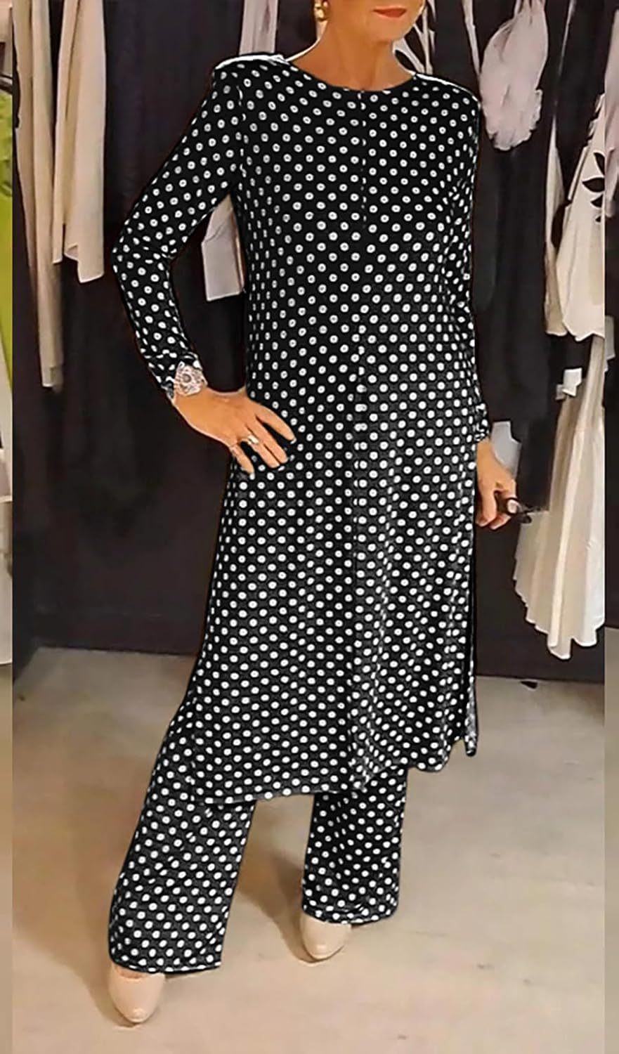 Womens Polka Dot Pant Suit 2 Piece Outfits Fall Long Tunic Tops and Wide Leg Pants Sets Matching Sets Women Clothing