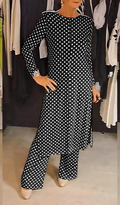 Womens Polka Dot Pant Suit 2 Piece Outfits Fall Long Tunic Tops and Wide Leg Pants Sets Matching Sets Women Clothing
