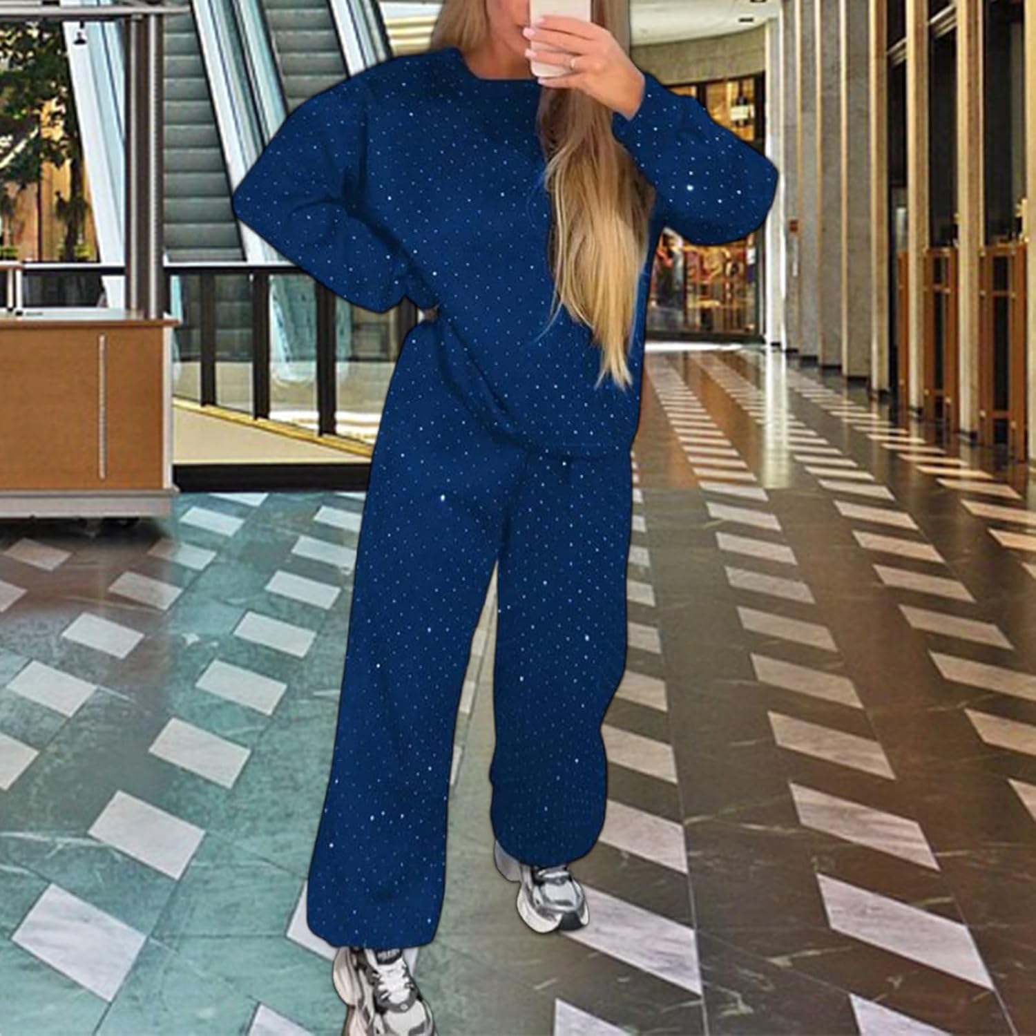 Women‘s 2 Piece Sweatsuits Glitter Sequin Long Sleeve Crewneck Trendy Tracksuits Casual Comfy Fall Lounge Sets
