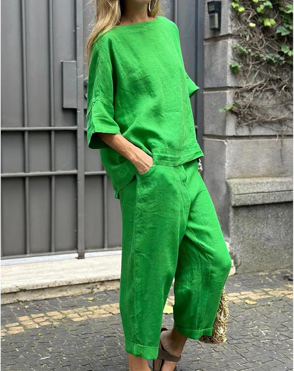 Womens 2 Piece Outfits, Cotton Linen Casual Lounge Sets, 3/4 Sleeve Tops And Elastic Waist Pants, Streetwear