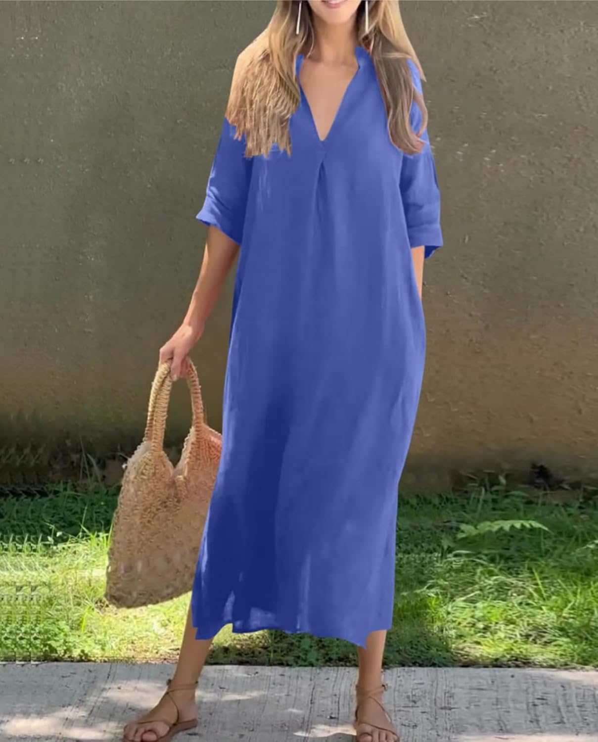 Womens Summer Floral V Neck Maxi Dress 3/4 Sleeve Casual Loose Flowy Long Dress with Pockets