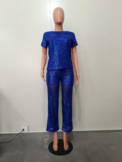 Women's Sparkling Sequin T-shirt and Pants Set Round Neck Short Sleeve Top Straight Leg Loose Pants Party Outfit