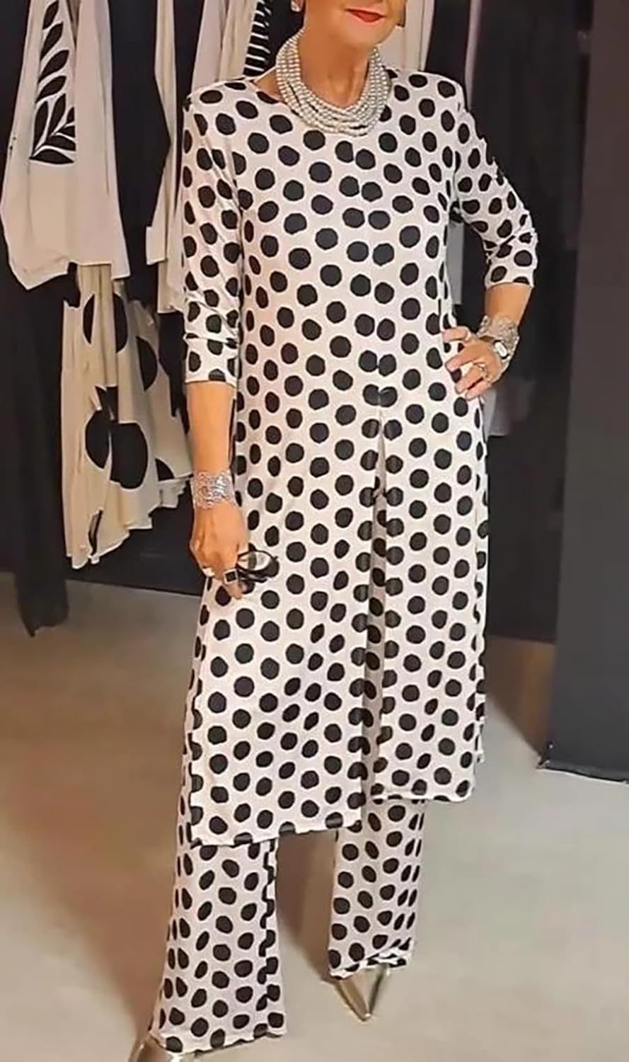 Womens Polka Dot Pant Suit 2 Piece Outfits Fall Long Tunic Tops and Wide Leg Pants Sets Matching Sets Women Clothing