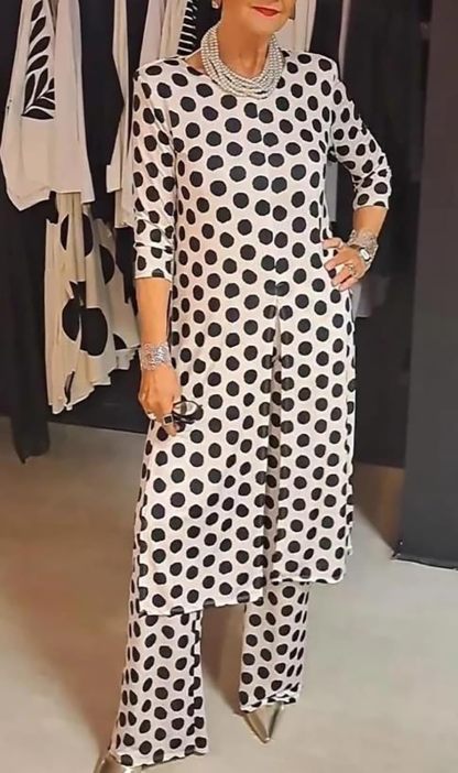 Womens Polka Dot Pant Suit 2 Piece Outfits Fall Long Tunic Tops and Wide Leg Pants Sets Matching Sets Women Clothing