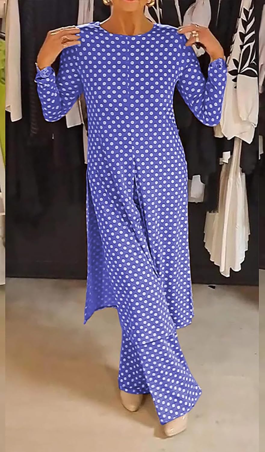 Womens Polka Dot Pant Suit 2 Piece Outfits Fall Long Tunic Tops and Wide Leg Pants Sets Matching Sets Women Clothing