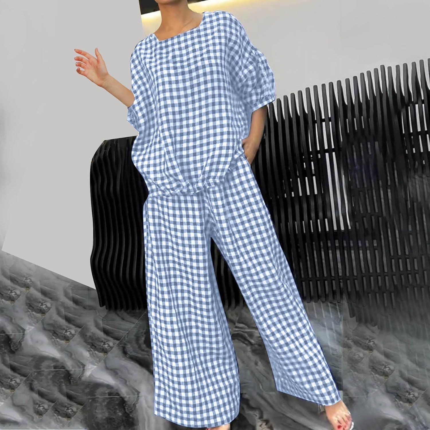 Womens 2 Piece Outfits Crew Neck Half Sleeve Button Back Shirt Tops High Waist Wide Leg Pants Lounge Linen Plaid Sets