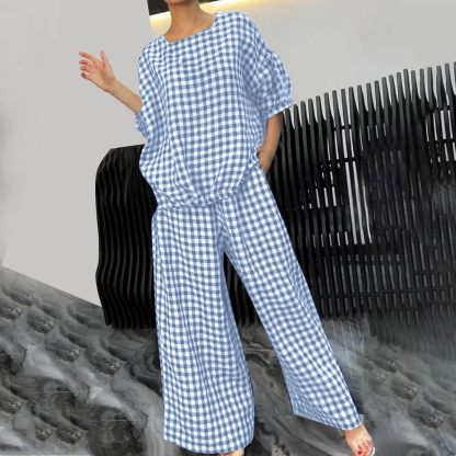 Womens 2 Piece Outfits Crew Neck Half Sleeve Button Back Shirt Tops High Waist Wide Leg Pants Lounge Linen Plaid Sets