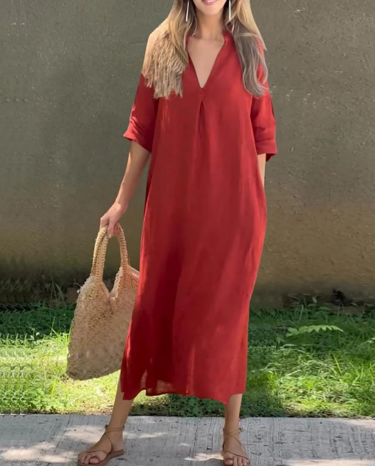 Womens Summer Floral V Neck Maxi Dress 3/4 Sleeve Casual Loose Flowy Long Dress with Pockets