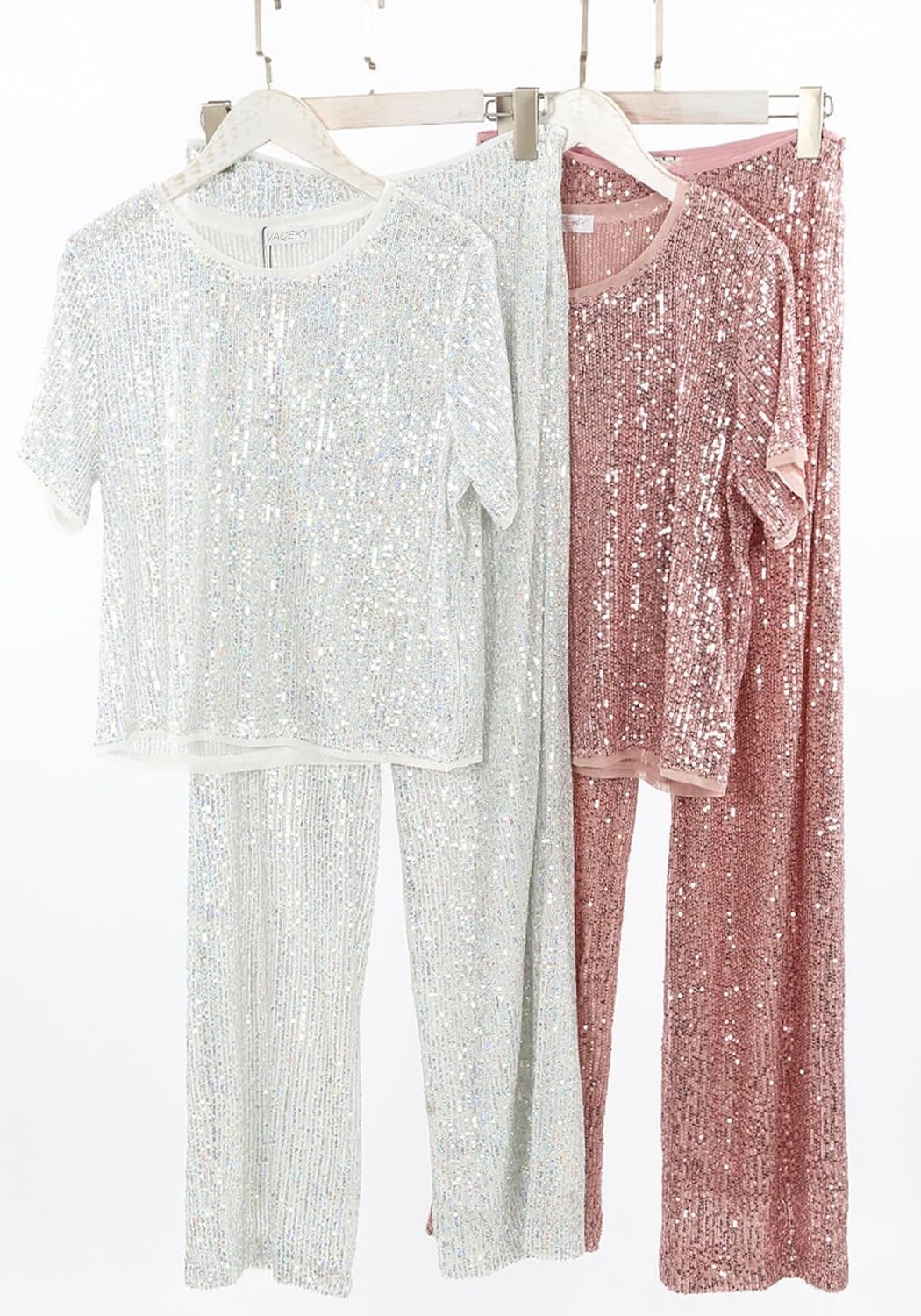 Women's Sparkling Sequin T-shirt and Pants Set Round Neck Short Sleeve Top Straight Leg Loose Pants Party Outfit