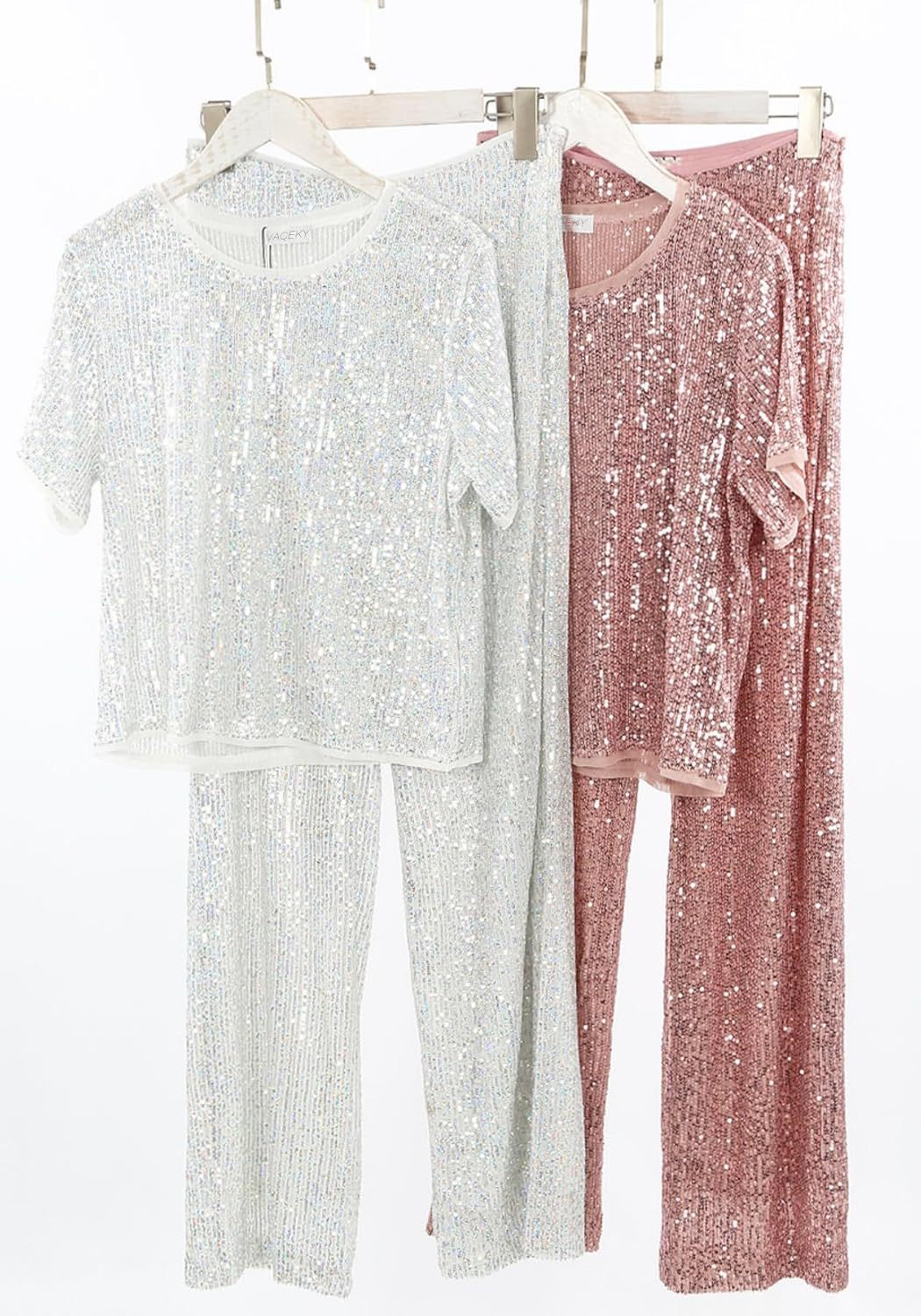 Women's Sparkling Sequin T-shirt and Pants Set Round Neck Short Sleeve Top Straight Leg Loose Pants Party Outfit