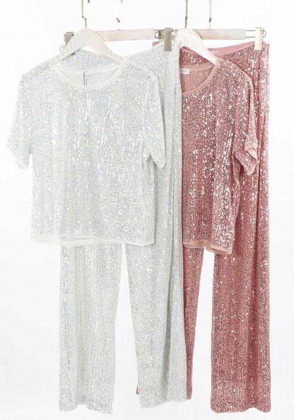 Women's Sparkling Sequin T-shirt and Pants Set Round Neck Short Sleeve Top Straight Leg Loose Pants Party Outfit