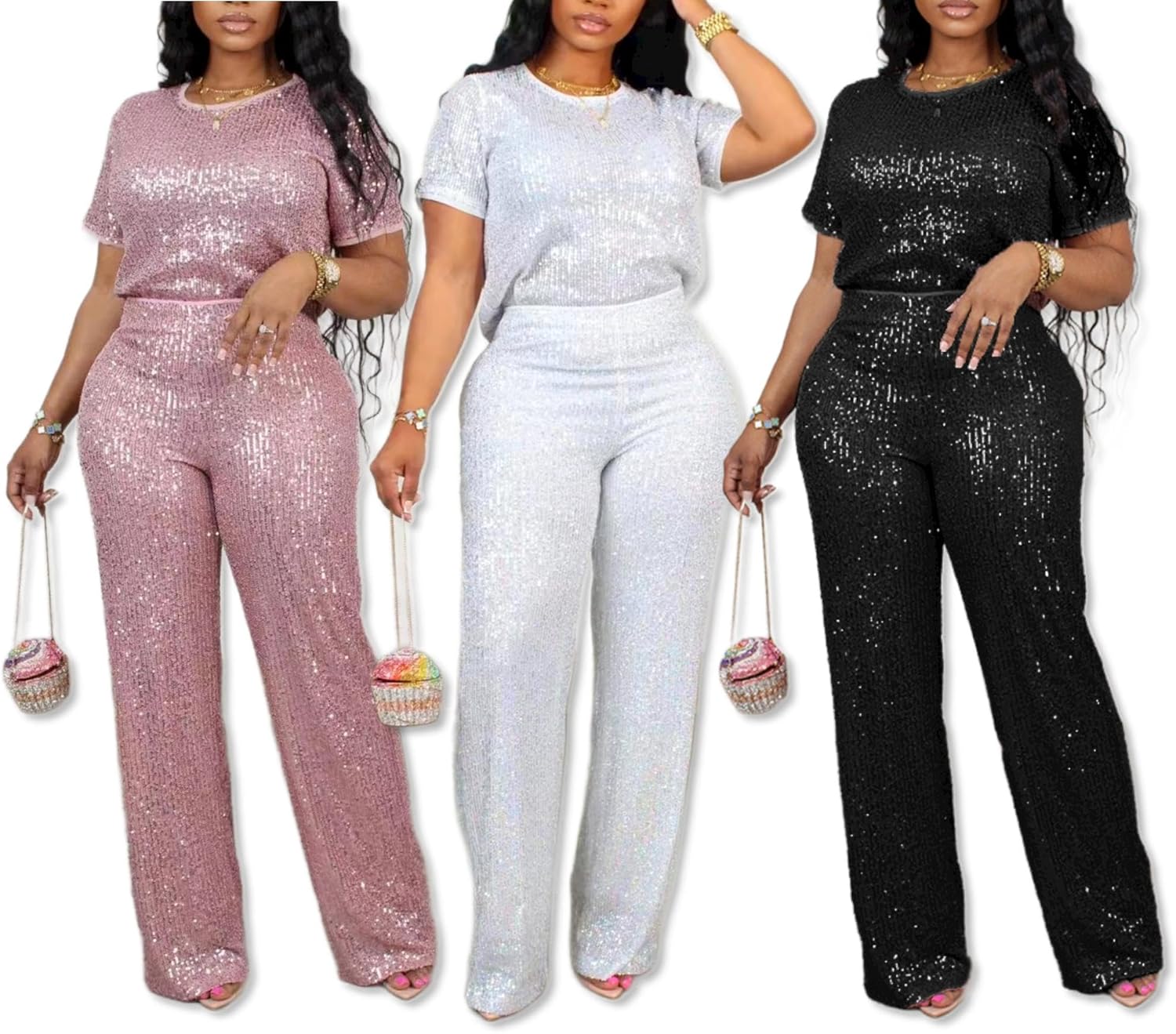 Women's Sparkling Sequin T-shirt and Pants Set Round Neck Short Sleeve Top Straight Leg Loose Pants Party Outfit