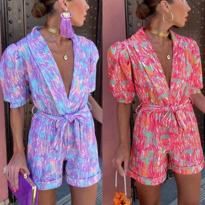 Women's Deep V-neck Bubble Short Sleeves Jumpsuit Printed Elastic Waistband Rompers Loose Fitting Shorts Playsuits