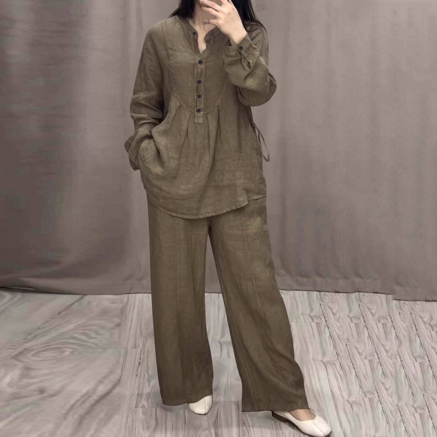 Women's Two Piece Outfits Cotton Linen Pants Sets Casual Long Sleeve Button Down Henley Tops and Pants Lounge Sets Red XXL 12