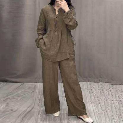 Women's Two Piece Outfits Cotton Linen Pants Sets Casual Long Sleeve Button Down Henley Tops and Pants Lounge Sets Red XXL 12