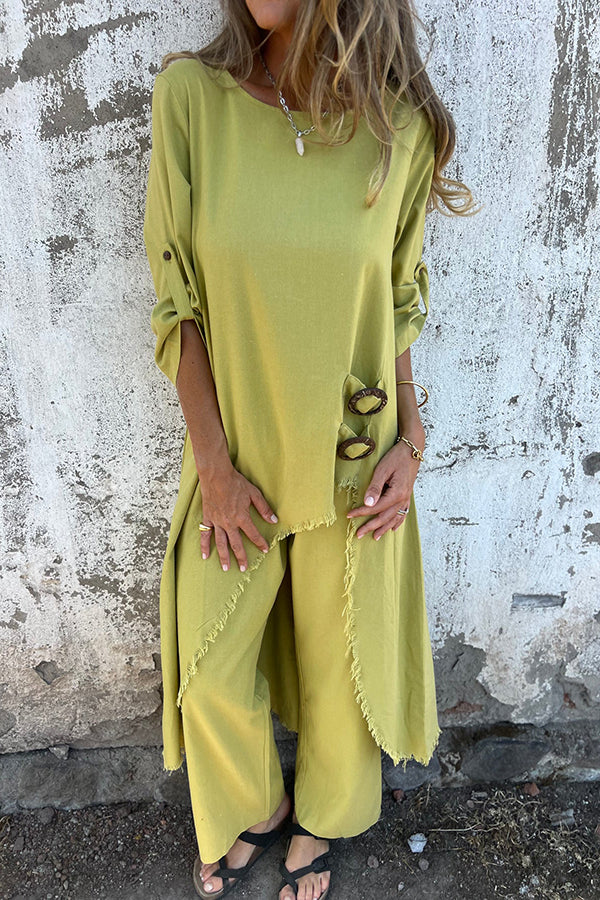 Linen blend ring trim midi shirt and elastic waistband pocket slacks set