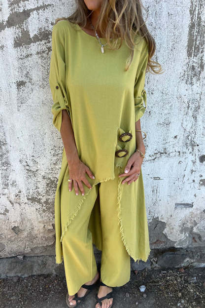 Linen blend ring trim midi shirt and elastic waistband pocket slacks set