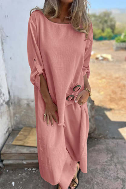 Linen blend ring trim midi shirt and elastic waistband pocket slacks set