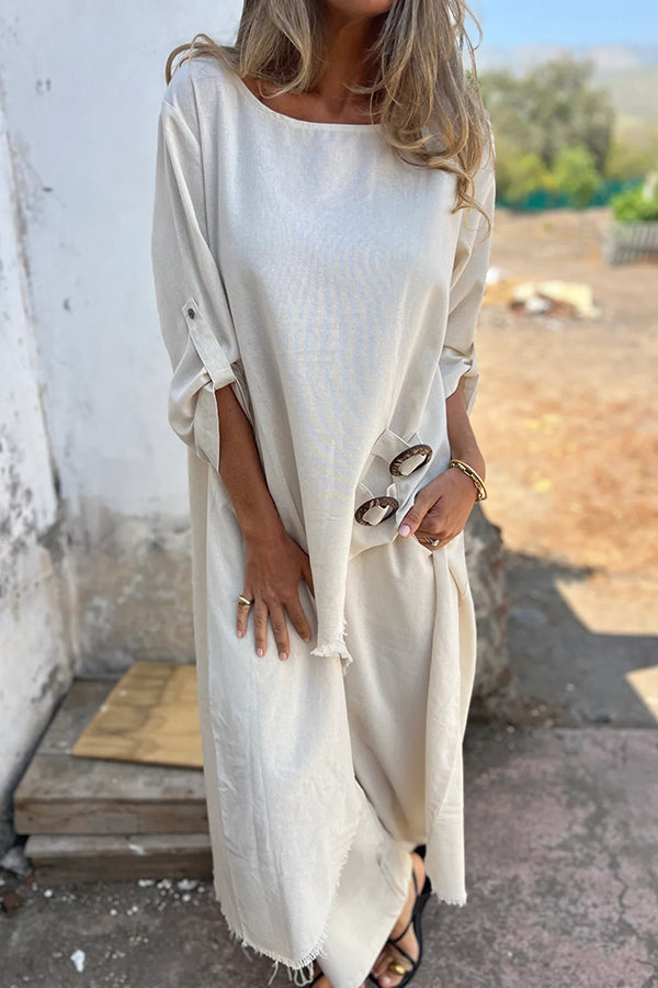 Linen blend ring trim midi shirt and elastic waistband pocket slacks set