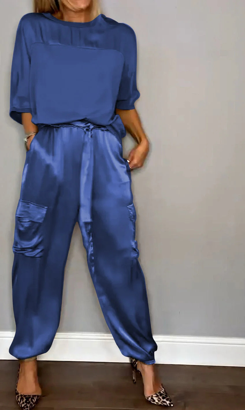 Fashion Women'S Smooth Satin Half Sleeve Top Set Two-Piece Set
