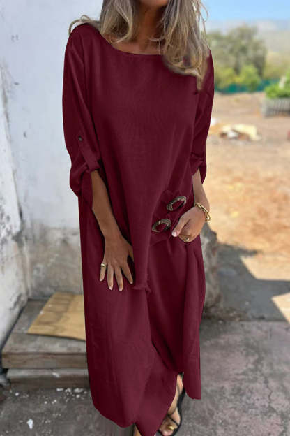 Linen blend ring trim midi shirt and elastic waistband pocket slacks set
