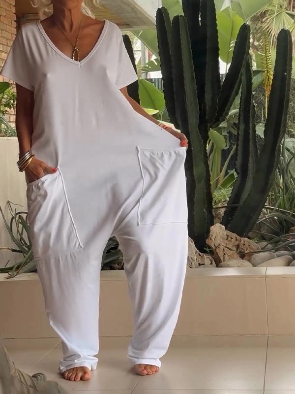 Jumpsuit - Women's Casual Short Sleeve Loose Fit Baggy Jumpsuit