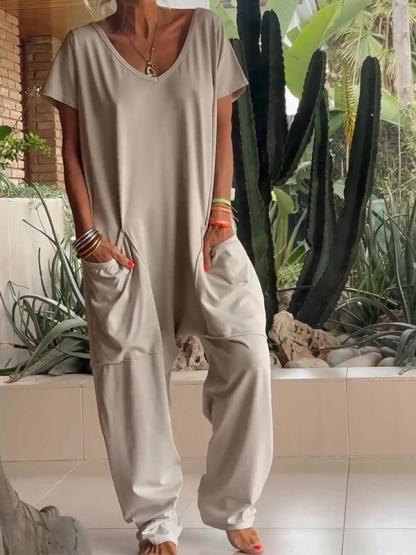 Jumpsuit - Women's Casual Short Sleeve Loose Fit Baggy Jumpsuit