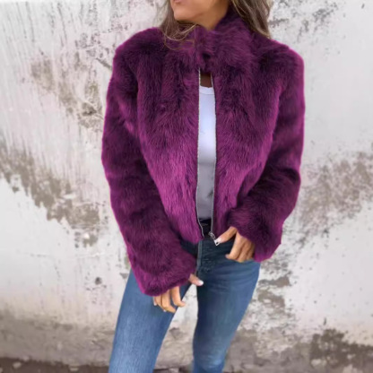 Autumn And Winter Women'S Imitation Fur Turtleneck Zipper Casual Top Jacket