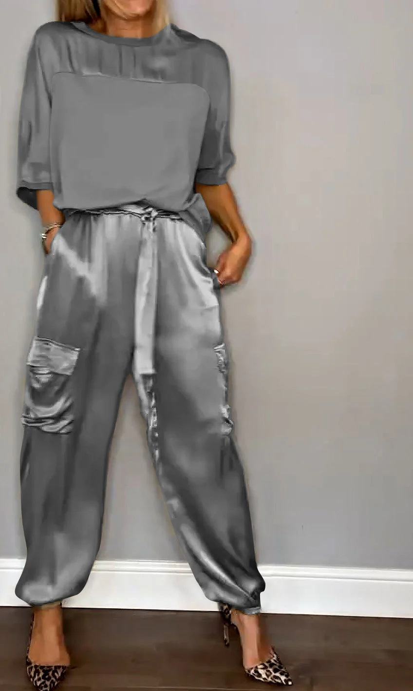 Fashion Women'S Smooth Satin Half Sleeve Top Set Two-Piece Set