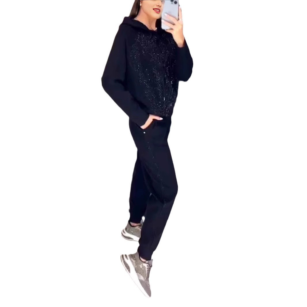 2 Pcs/Set Women Top Pants Suit Rhinestone Decor O Neck Long Sleeves Patchwork Sport Sweatshirt Elastic Waist Trousers Fitness Outfit