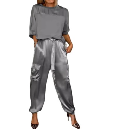 Fashion Women'S Smooth Satin Half Sleeve Top Set Two-Piece Set
