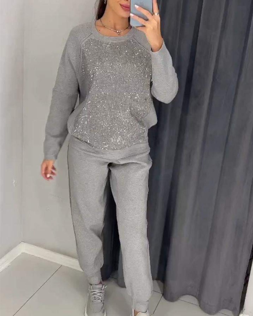 2 Pcs/Set Women Top Pants Suit Rhinestone Decor O Neck Long Sleeves Patchwork Sport Sweatshirt Elastic Waist Trousers Fitness Outfit