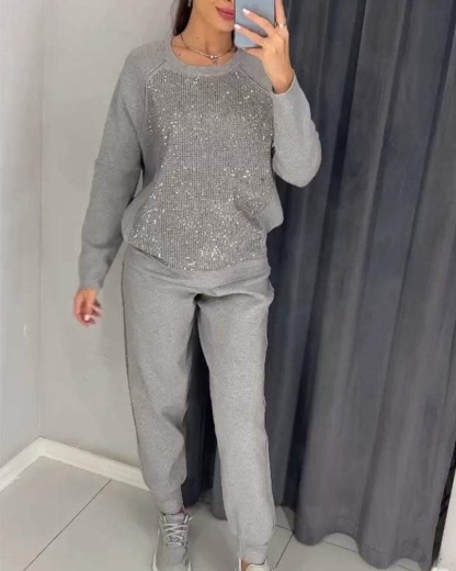 2 Pcs/Set Women Top Pants Suit Rhinestone Decor O Neck Long Sleeves Patchwork Sport Sweatshirt Elastic Waist Trousers Fitness Outfit